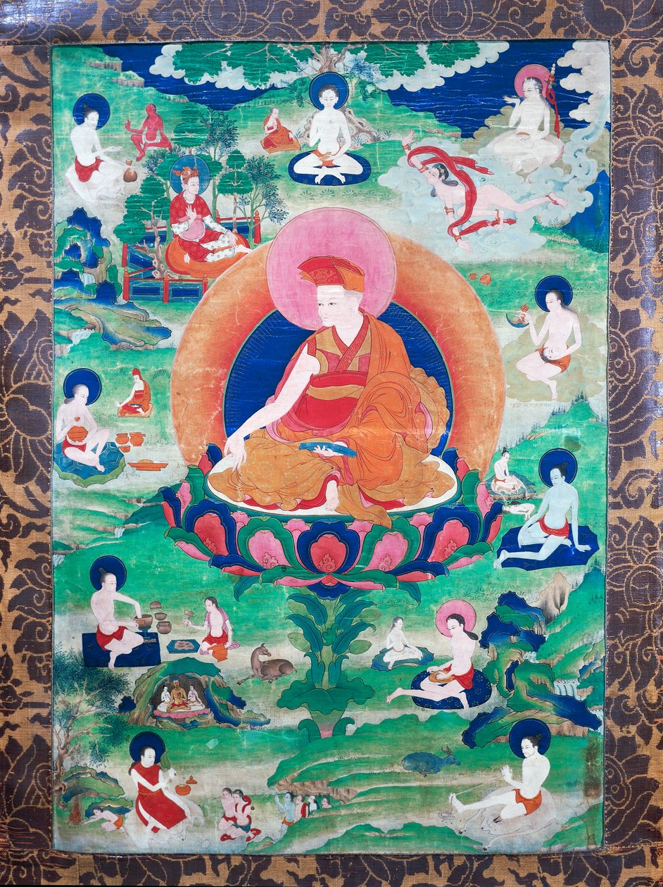 Lamaen Rjegrags Rtod Iha-pa-padbang Graps med glorie og omgivet af talrige mahasiddha (yogier), boede i Indien og Tibet (7.-11. århundrede), Gouache på lærred af School Tibetan
