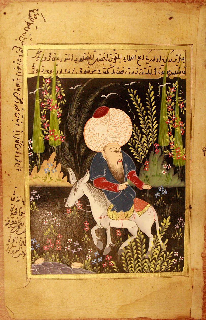 Nasr Eddin Hodja. (Nasreddin Hodja). Karakter af muslimsk litteratur, mytisk ulema fra Tyrkiet, efter at have levet mellem det 13. og 15. århundrede, beskrives han ifølge traditionen, siddende på hovedet på sit æsel. Anonym miniature, gouache på pergament, af School Turkish