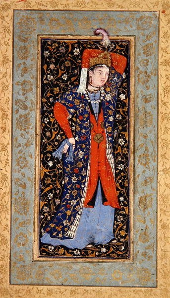 Kvindelig danserinde med lommetørklæder i hver hånd, ca. 1560 (gouache med blæk & guld på papir) af School Uzbek