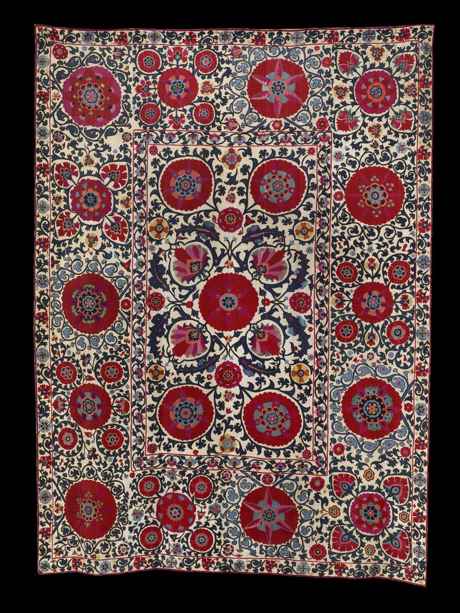 Shakhrisyabz Suzani, ca. 1800 (silkebroderi på bomuldsfundament) af School Uzbek