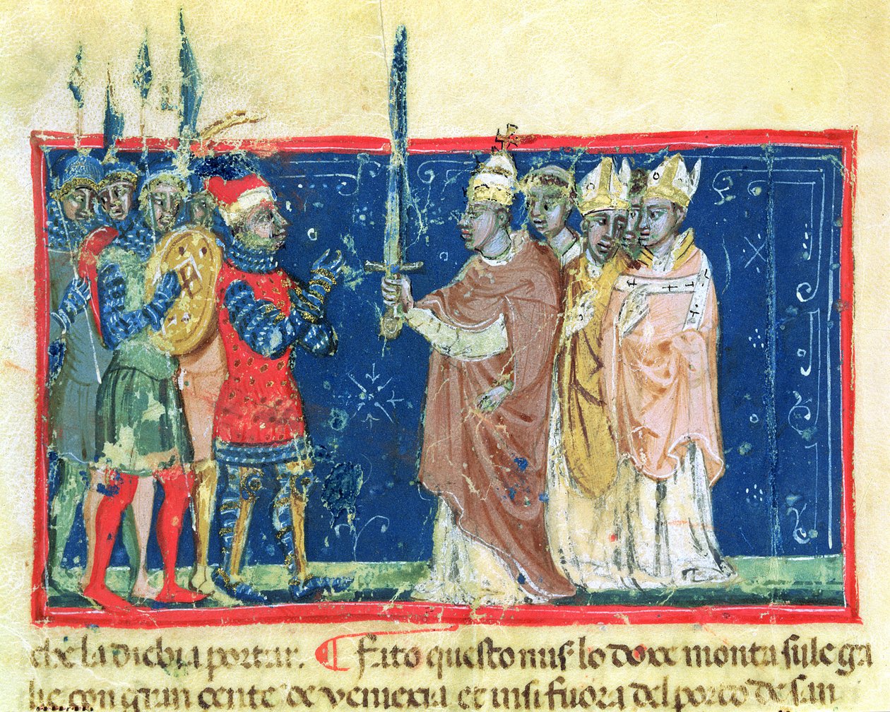 Codex Correr I 383 Pave Alexander III (1105-81) overrækker sværdet til doge Sebastiano Ziani (pergament) af School Venetian
