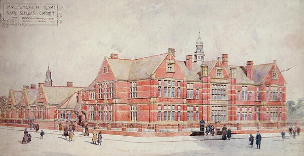 Marlborough Road Board Schools, Cardiff, begyndelsen af det tyvende århundrede (farve litho) af School Welsh