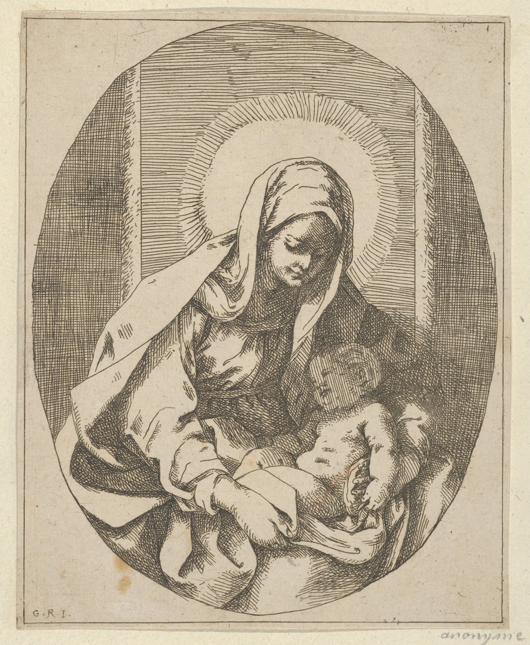 Jomfruen holder spædbarnet Kristus på skødet, en oval komposition, efter Reni, 1620-50., 1620-50. af School of Guido Reni