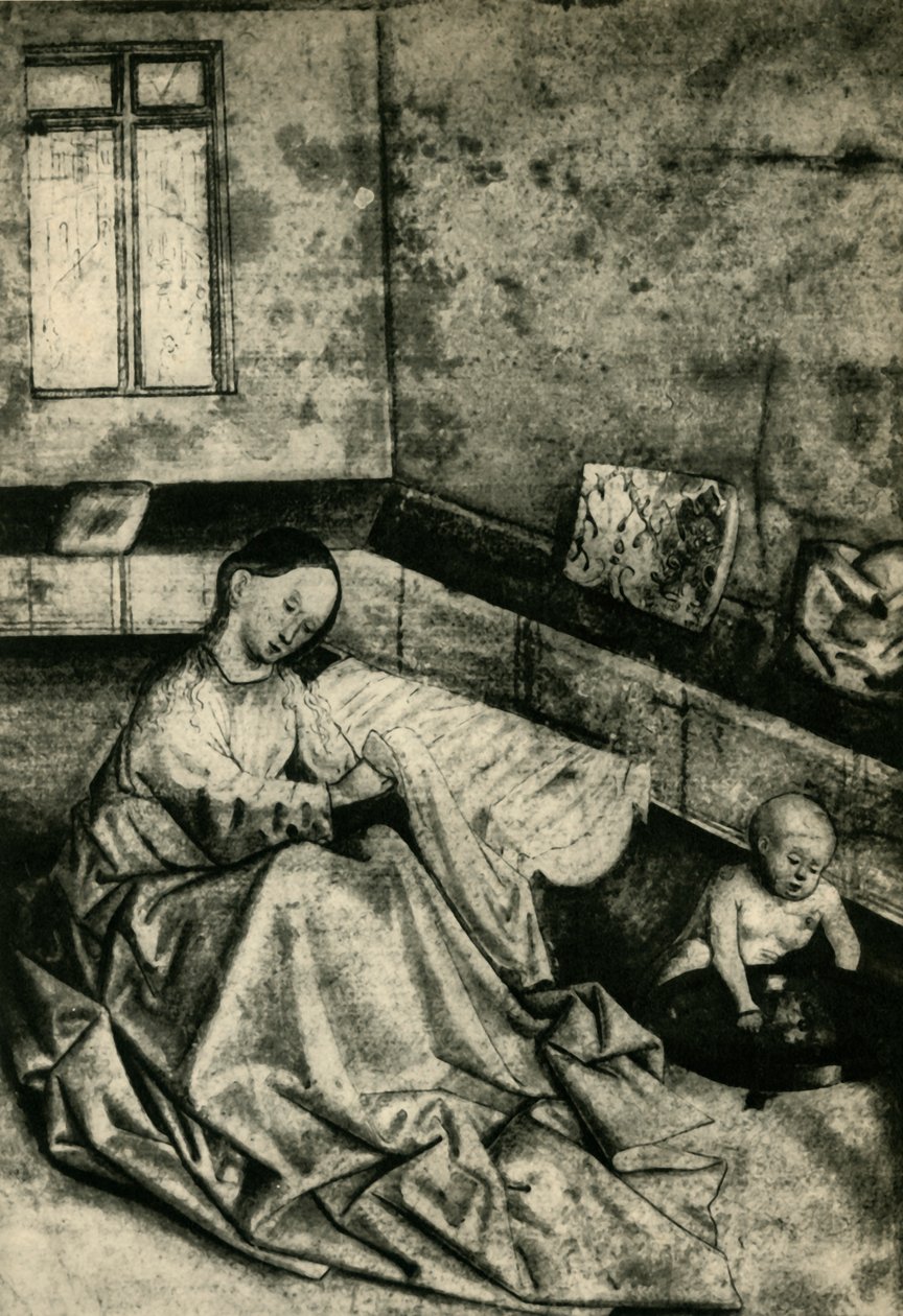 Madonna og barn i et interiør, begyndelsen af det 15. århundrede, 1943. af School of Konrad Witz