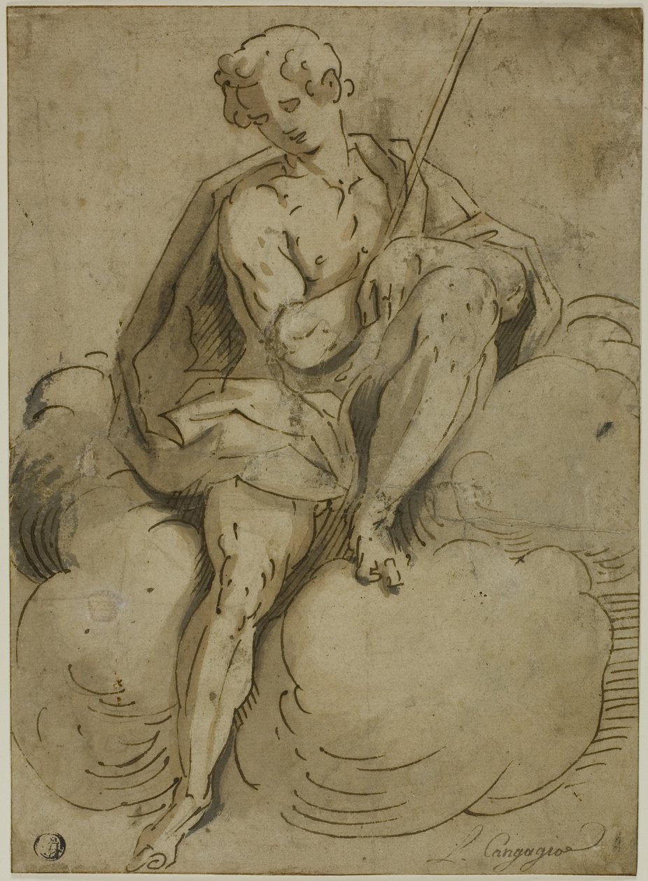 Siddende Sankt Johannes Døberen af School of Luca Cambiaso