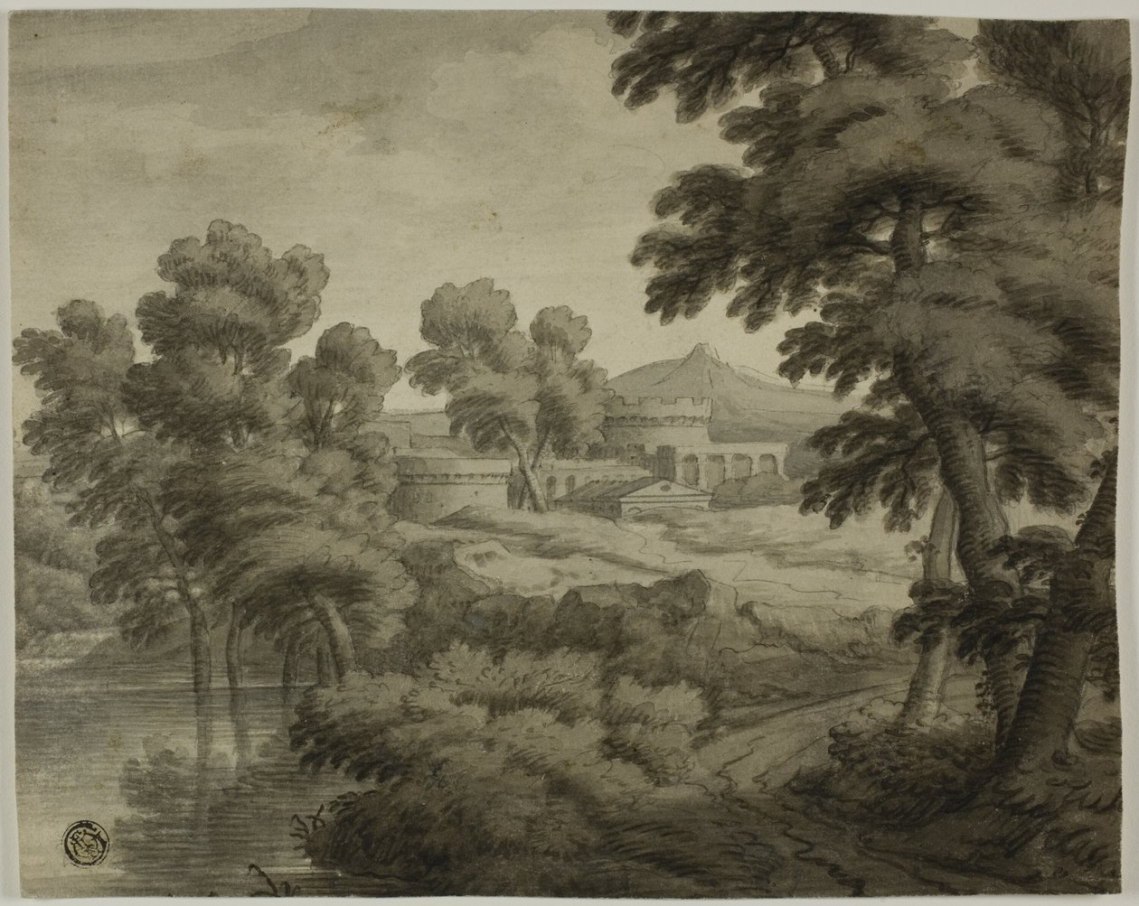 Italiensk landskab med slot, træer og vand i forgrunden af School of Nicolas Poussin
