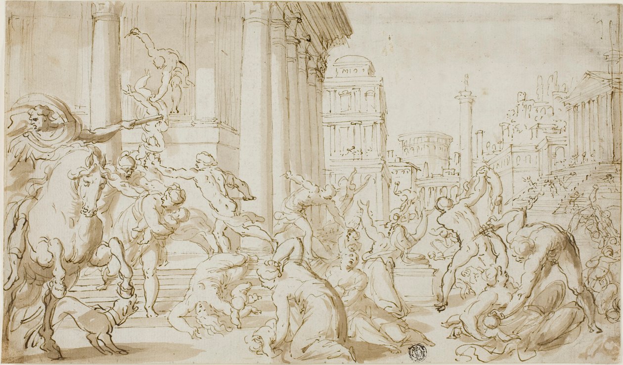 Massakren på de uskyldige (recto); figurskitser (verso) af School of Nicolas Poussin
