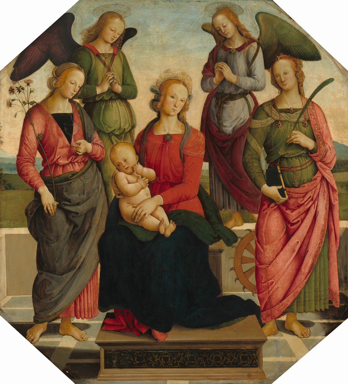 Madonna og barn med to engle, Saint Rose og Saint Catherine of Alexandria af School of Perugino
