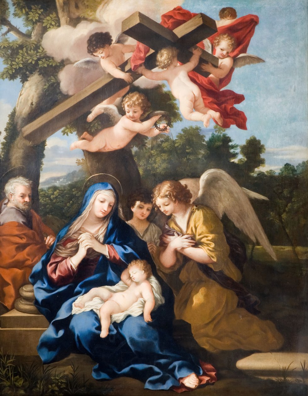 Den hellige familie med engle, 1700. af School of Pietro Cortona