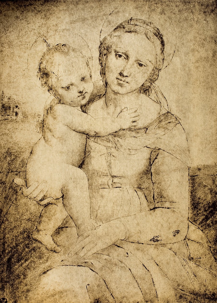 Madonna og barn, tegning fra Raphaels skole, Cabinet of Drawings and Prints, Uffizi Gallery, Firenze af School of Raphael