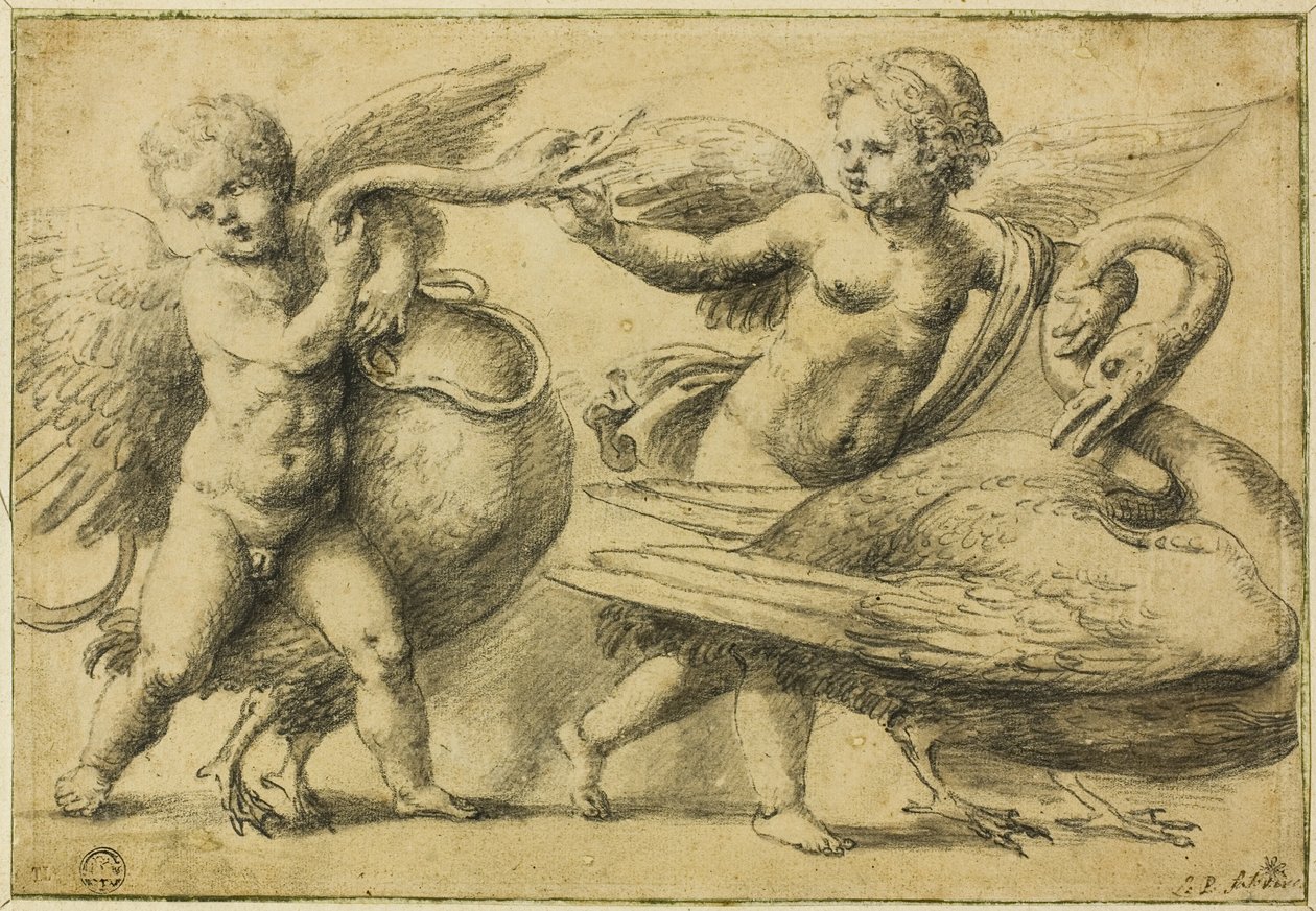 Putti leger med svaner af School of Raphael