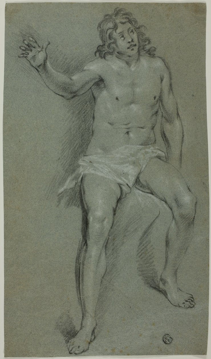 Siddende mandlig nøgenmodel (recto); skitser af hånd og drengehoved (verso) af School of Rembrandt van Rijn