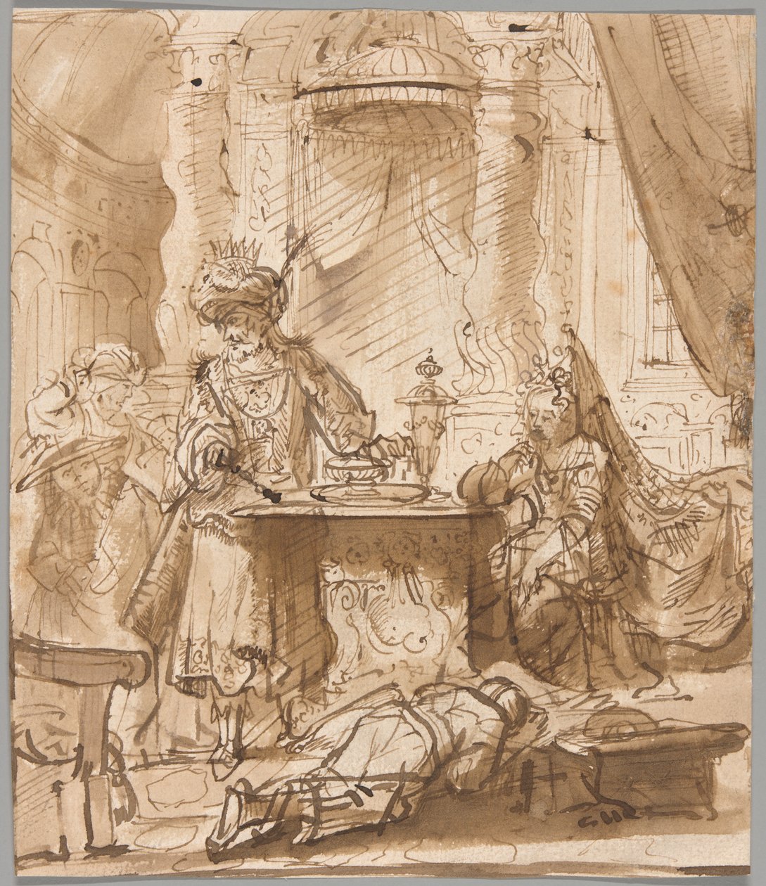 Nedbrydningen af Haman før Ahasverus og Ester af School of Rembrandt van Rijn