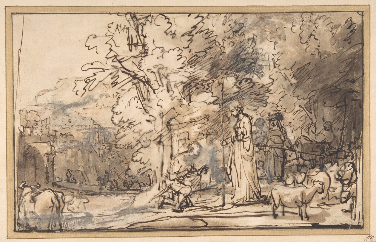 Jakobs og Rakels møde ved brønden, 1640-49. af School of Rembrandt van Rijn