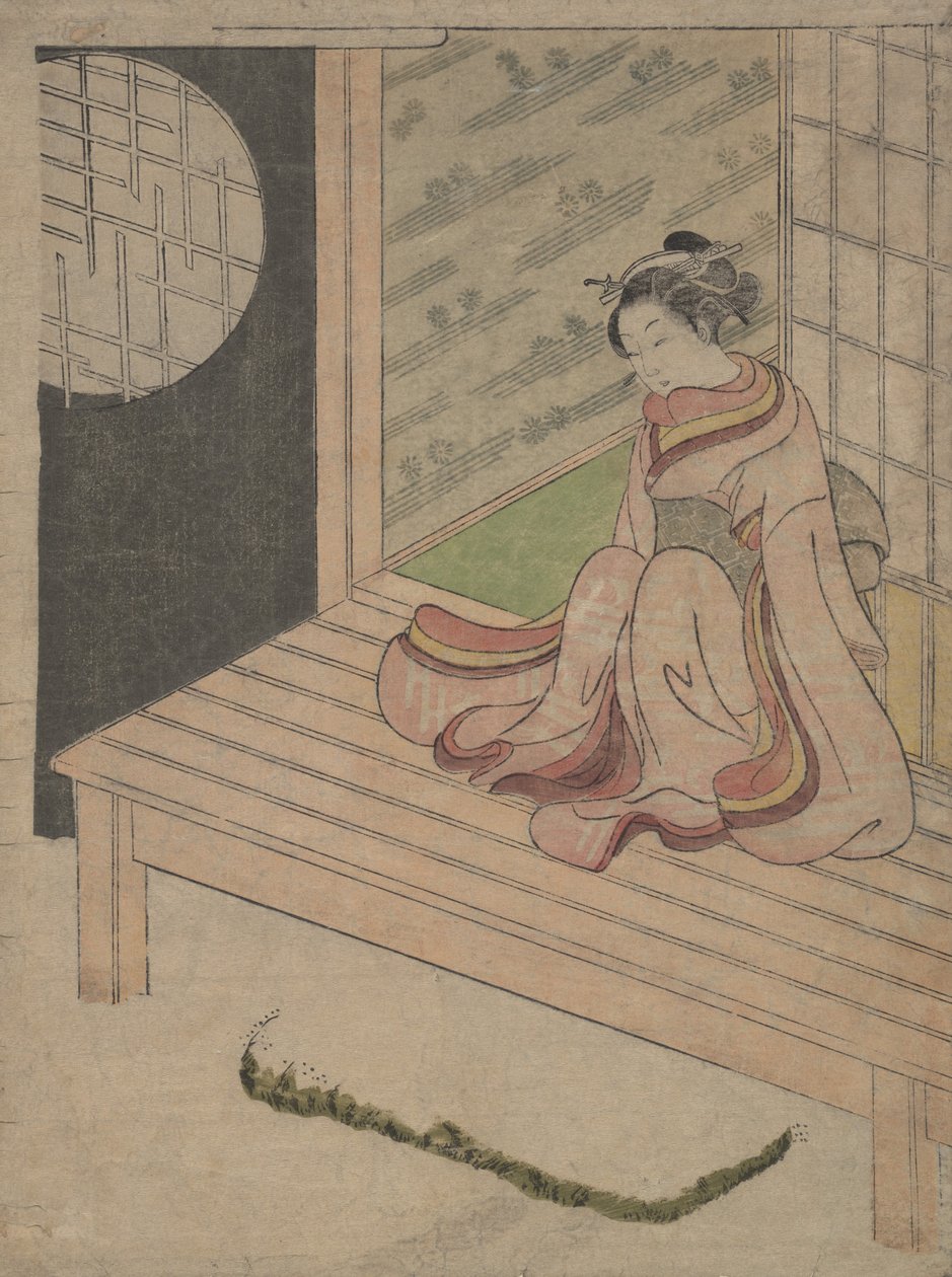 En ung kvinde sidder på Engawa af et hus, ca. 1765., ca. 1765. af School of Suzuki Harunobu