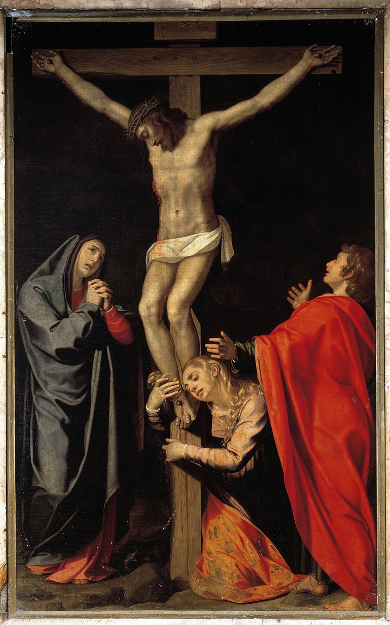 Korsfæstelse med jomfru, Sankt Maria Magdalena, Sankt Johannes evangelisten (olie på lærred af Scipione Pulzone