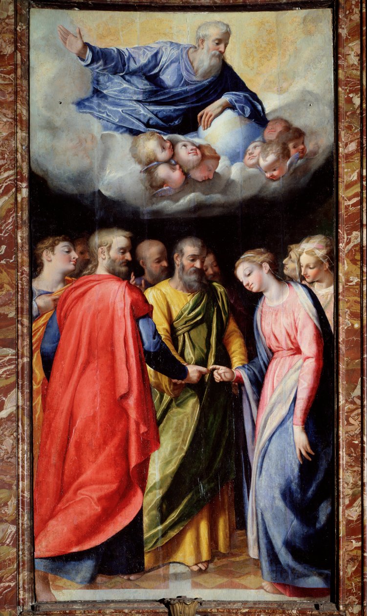 Jomfruens ægteskab Maleri af Scipione Pulzone il Gaetano (1550-1598) og Giuseppe Valeriano (1542-1606) 1584-1588 Rom, Gesu kirke, Madonna della Stradas kapel af Scipione Pulzone