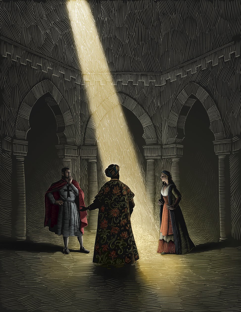 Nathan the Wise, 2008 (scratchboard, farvelagt digitalt) af Scott McKowen