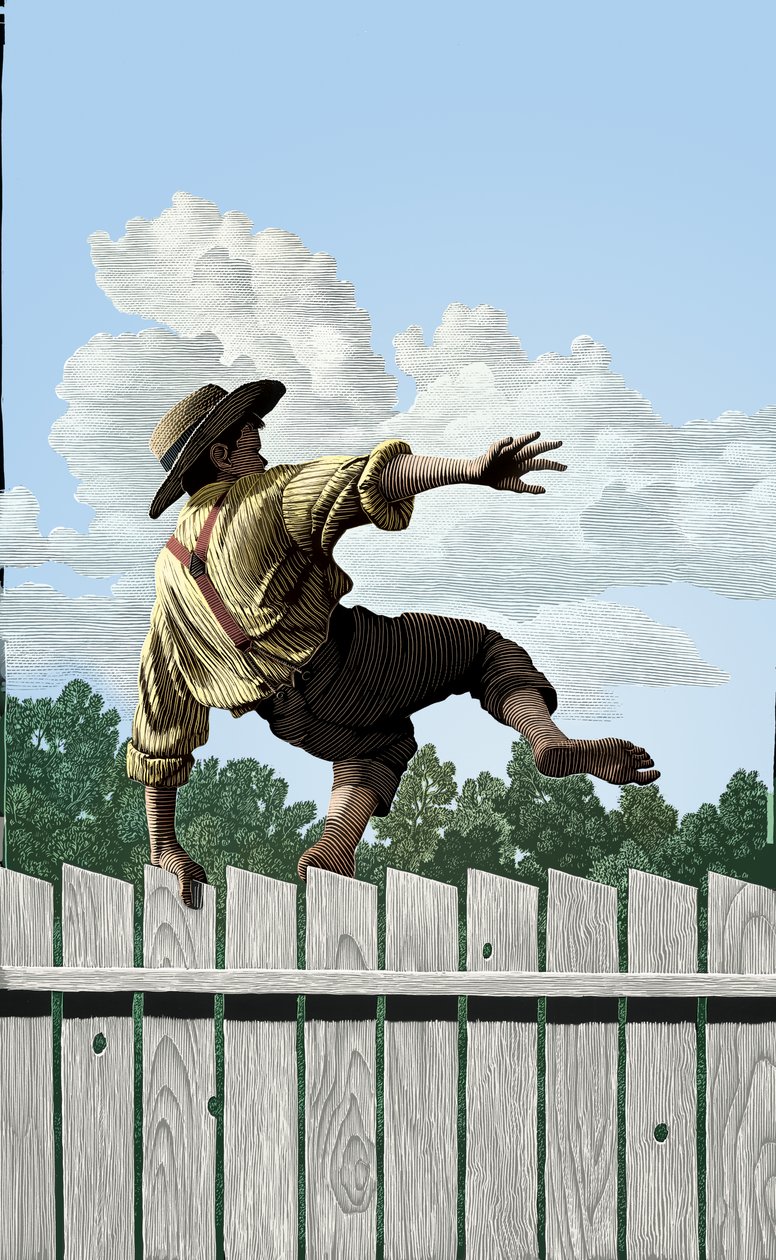 Tom Sawyer, 2004 (scratchboard, farvelagt digitalt) af Scott McKowen