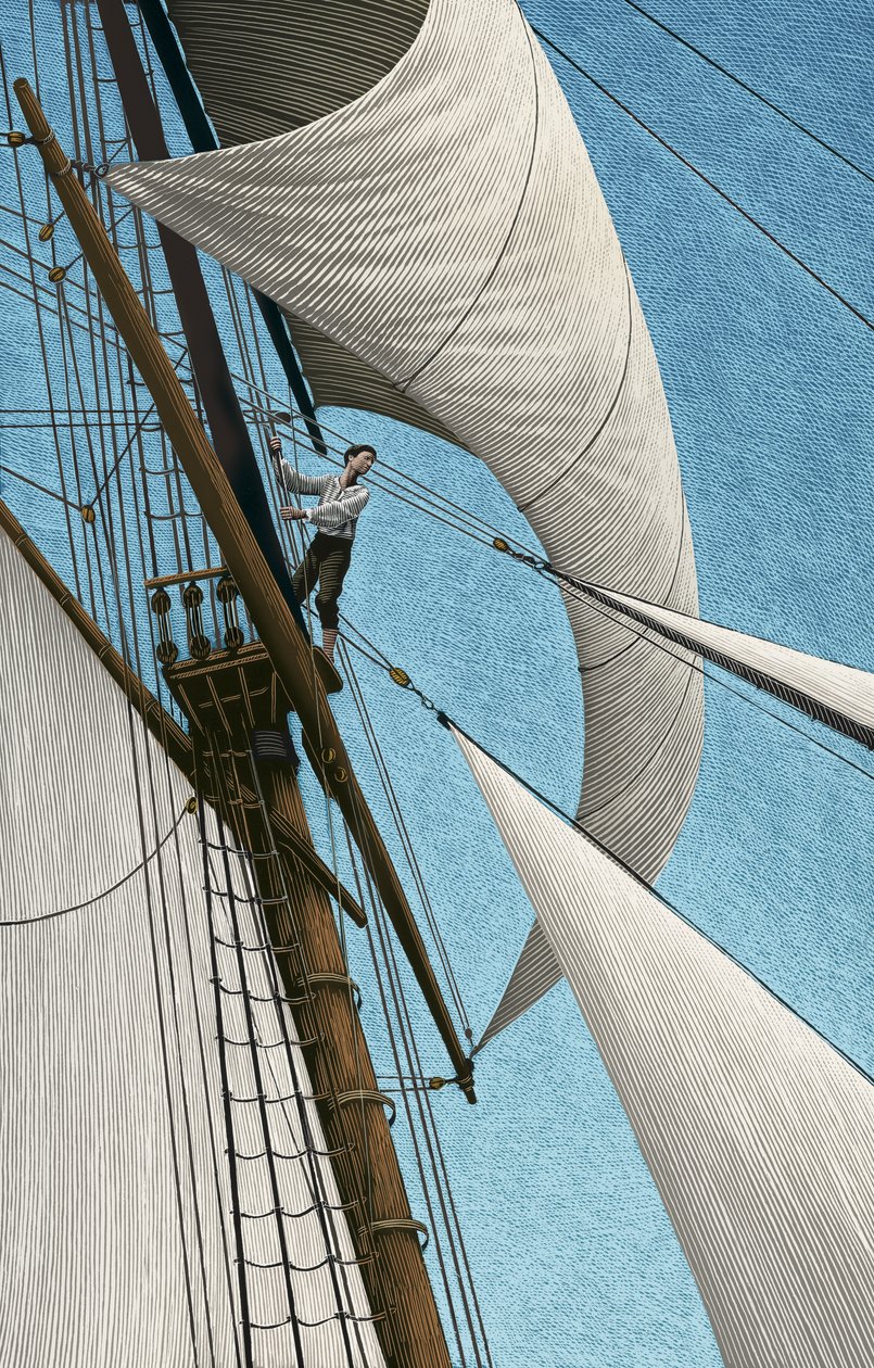 Skatteøen, 2004 (scratchboard, farvelagt digitalt) af Scott McKowen