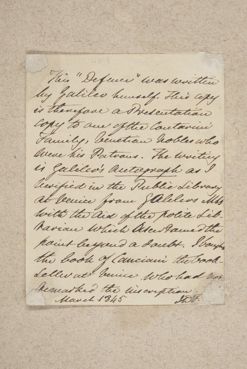 Note klistret på forsiden af Difesa, af Galileo, 1845 (pen og blæk på papir) af Scottish School