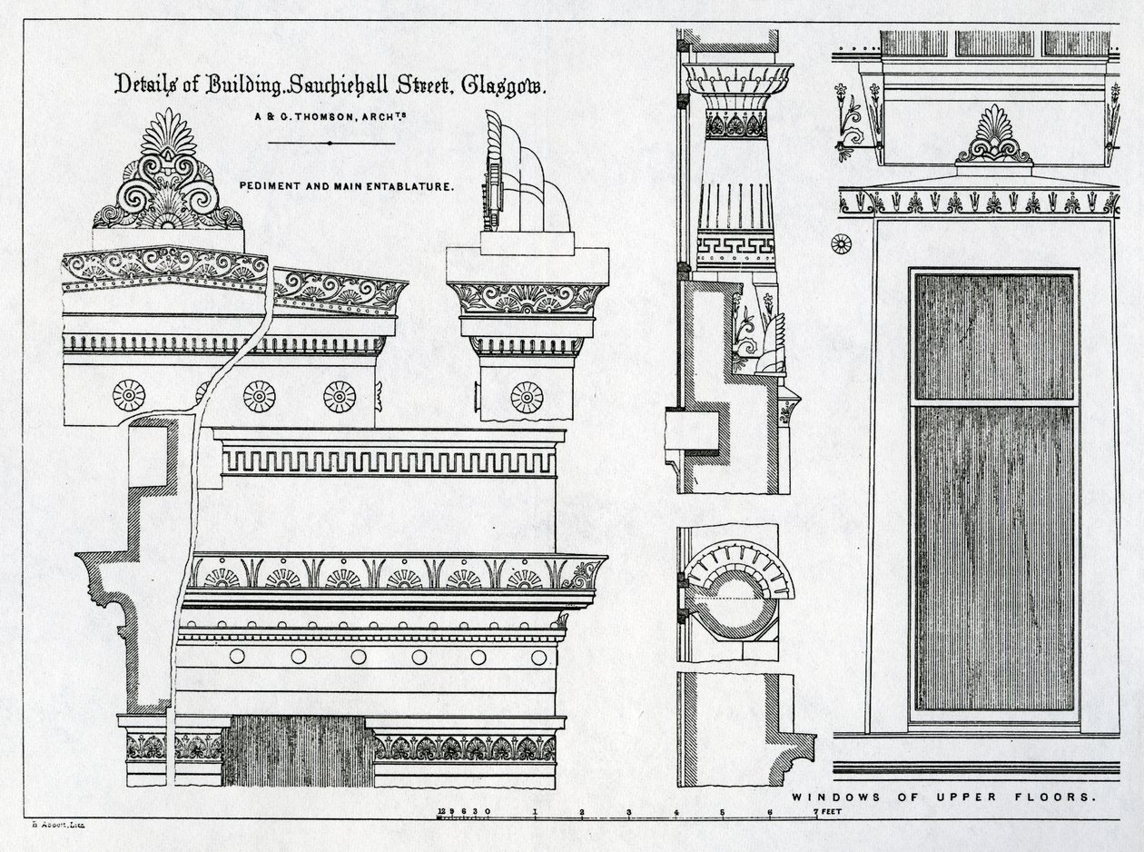 Arkitektoniske detaljer af Grecian Chambers, 336-356 Sauchiehall Street, Glasgow, designet af Alexander Greek Thomson, 1869 af Scottish School