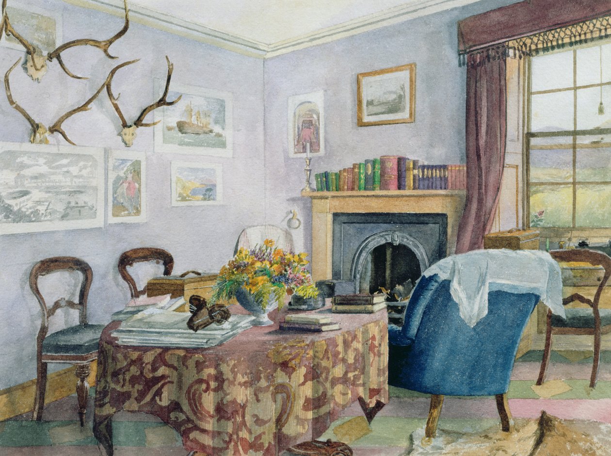 Tegnestue interiør i et landsted i Skotland, ca. 1850 (wc på papir) af Scottish School