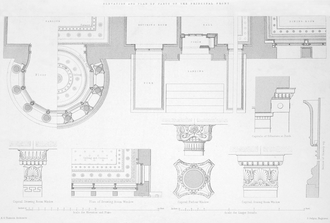 Udvendige og indvendige detaljer af Holmwood, Glasgow (gravering) af Scottish School
