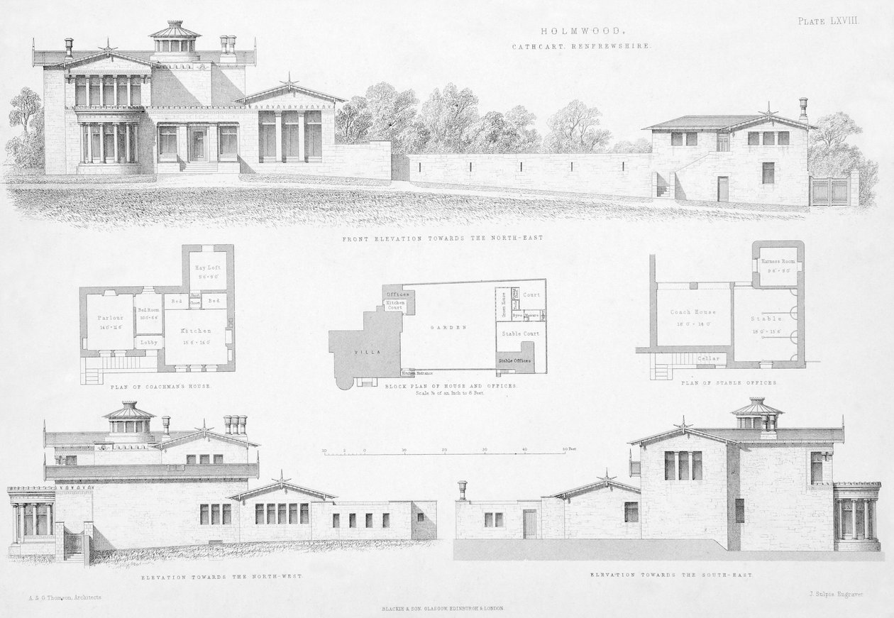 Udvendige detaljer af Holmwood, Glasgow (gravering) af Scottish School