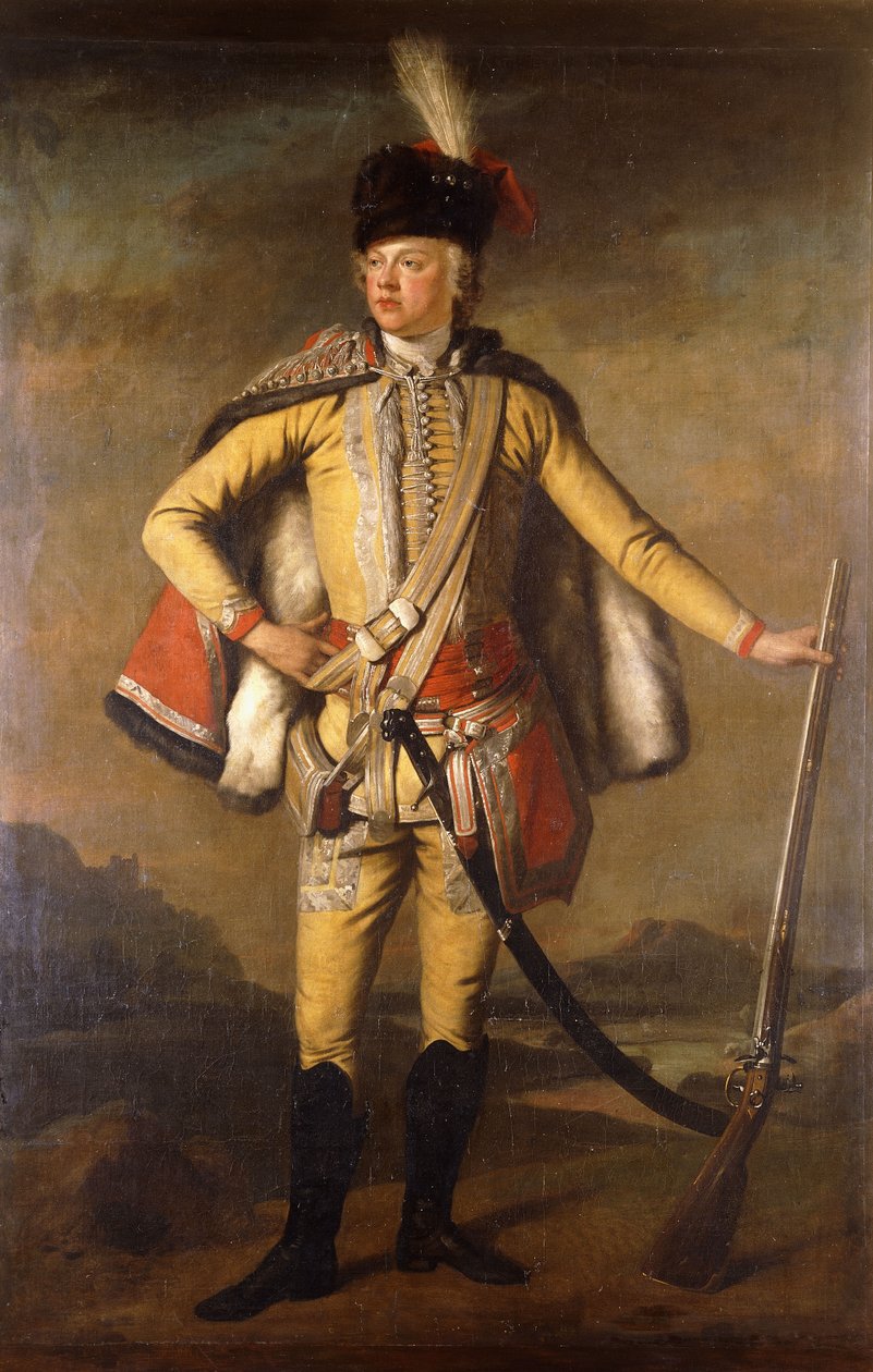 Portræt af John Lindsay, 20. jarl af Crawford og Lindsay, i fuld længde, i Hussar Uniform, med en Flintlock Musket, a Landscape beyond, ca. 1745 af Scottish School