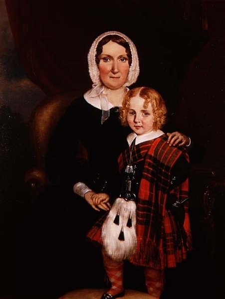 Portræt af en skotsk kvinde med sin unge søn i højlandskjole, ca. 1860 (olie på lærred) af Scottish School