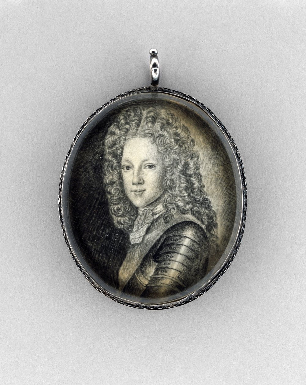 Prins James Francis Edward Stuart (The Old Pretender), ca. 1703 (indisk blæk på vellum, grafit, bjergkrystal og sølv) af Scottish School