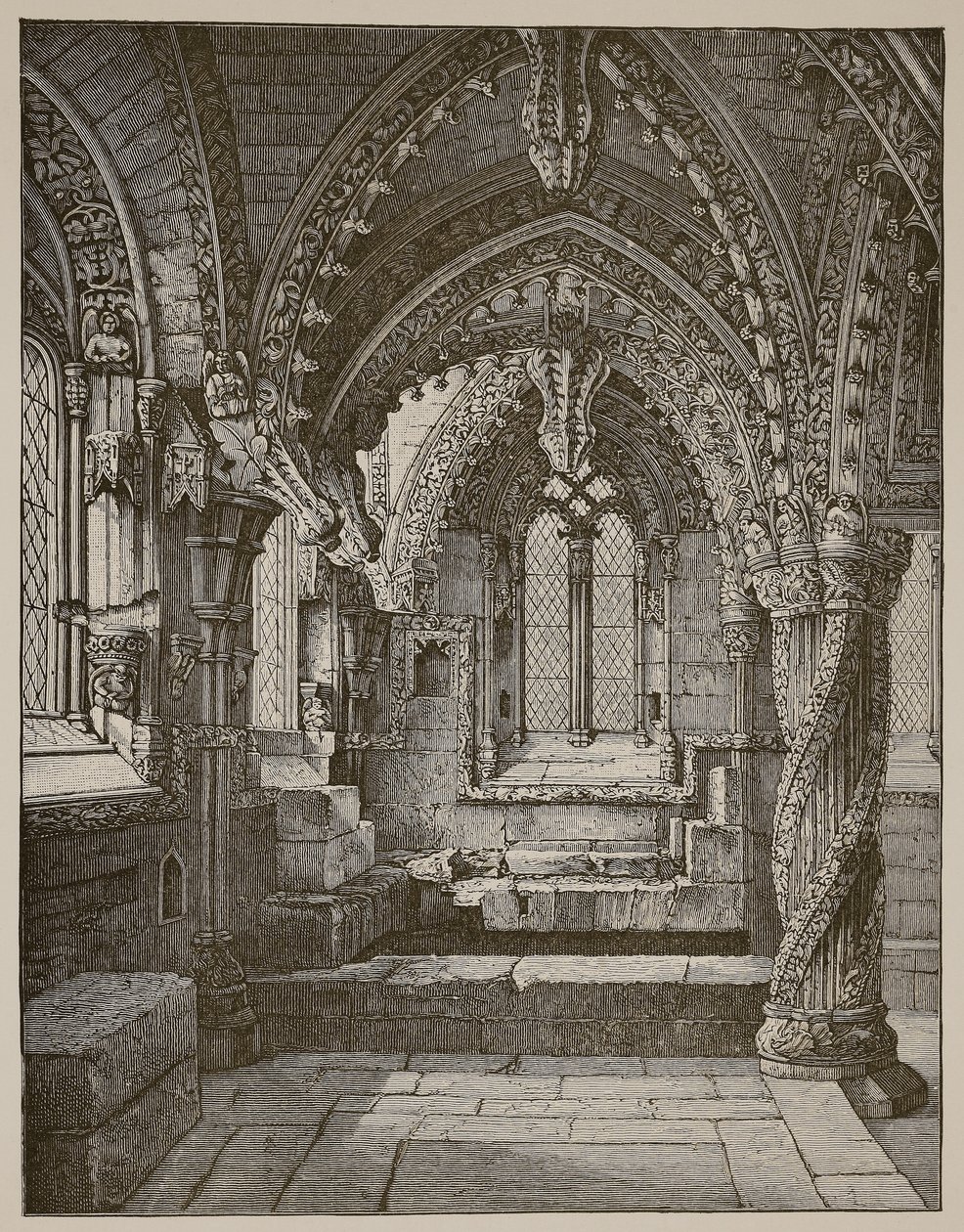 Sydøstlige hjørne af Lady Chapel, Rosslyn (sepia foto) af Scottish School