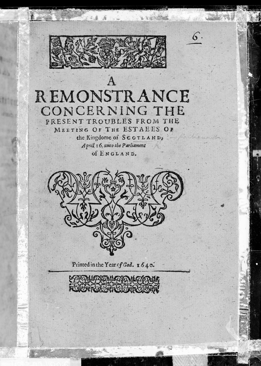 Titelside til en remonstrance vedrørende de nuværende problemer fra mødet mellem kongeriget Skotland, udgivet 1640 (trykt papir) af Scottish School