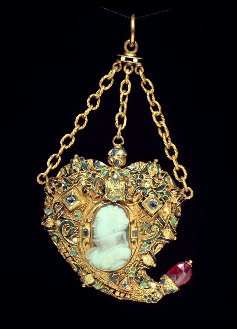 Medaljonsæt, med et portræt af Mary, Queen of Scots (1542-87) sent i det 16. århundrede (guld og onyx) af Scottish School