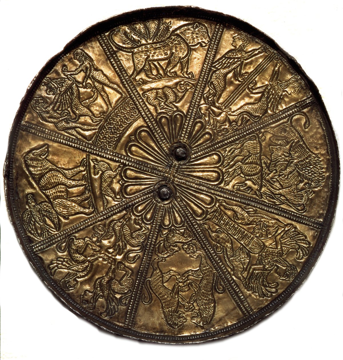Art Scythian (skytisk eller skytisk civilisation): sølvspejl dækket af guld fra tumulus n°4 i Kelermes, Krasnodar-regionen til Kuban i Rusland (650-620), 7. århundrede f.Kr. Sankt Petersborg, Eremitagemuseet af Scythian
