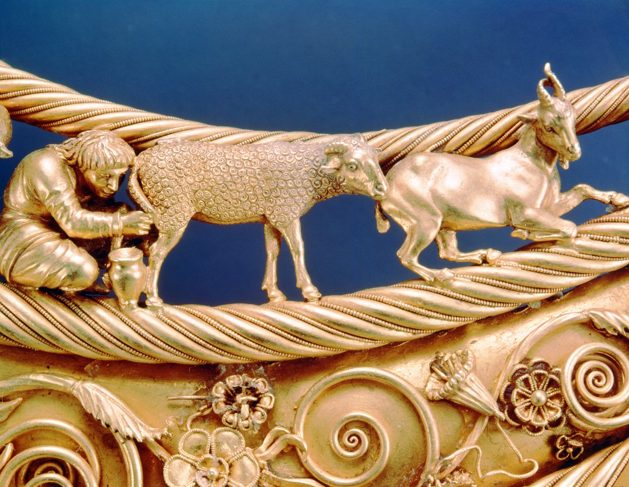 Skyter, der malker et moderfår, detalje fra en guldpectoral fra Tovsta Mohyla af Scythian