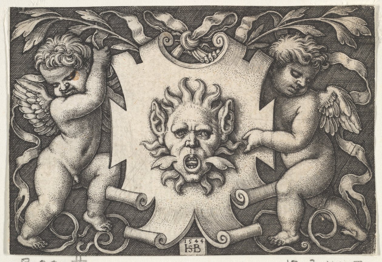 En maske på et skjold støttet af to genier, 1544. af Sebald Beham