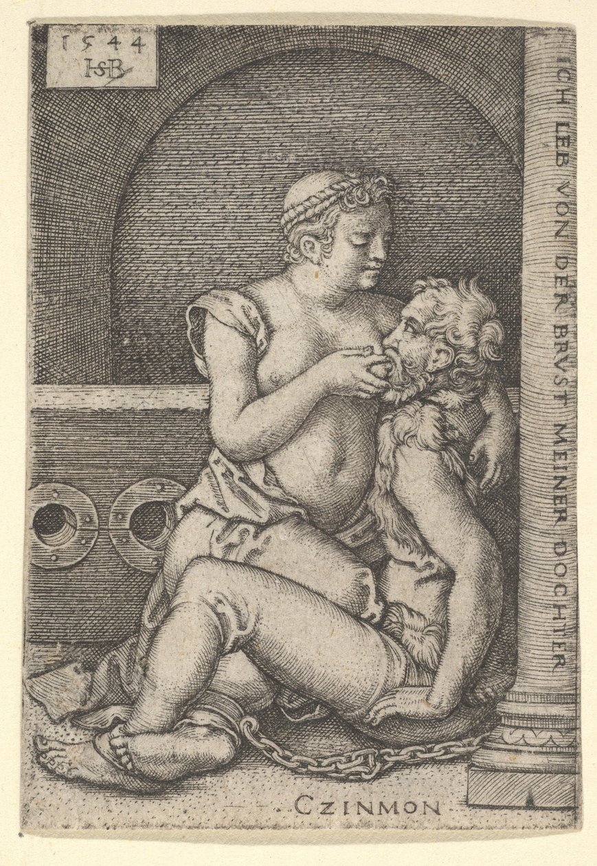 Cimon sad mod en søjle til højre, og diede fra Pero, der knæler ved siden af ham, 1544. af Sebald Beham