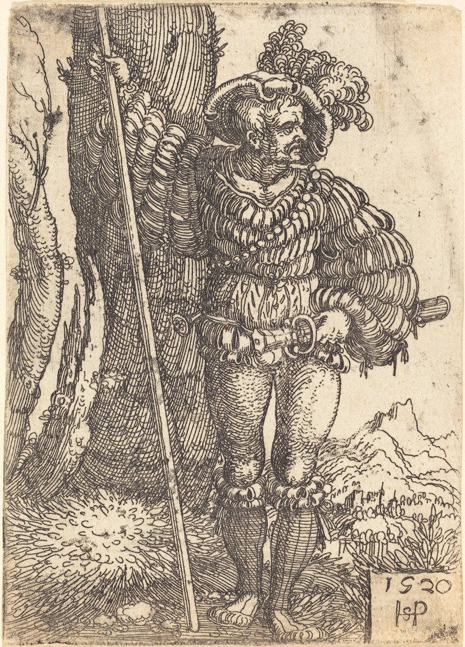 Fodsoldat stående ved et træ af Sebald Beham