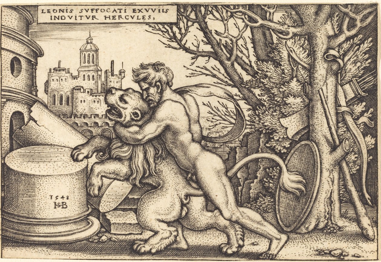 Hercules dræber Nemean-løven af Sebald Beham