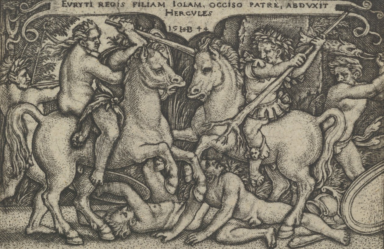 Hercules bortfører Iole, fra The Labours of Hercules, 1544. af Sebald Beham