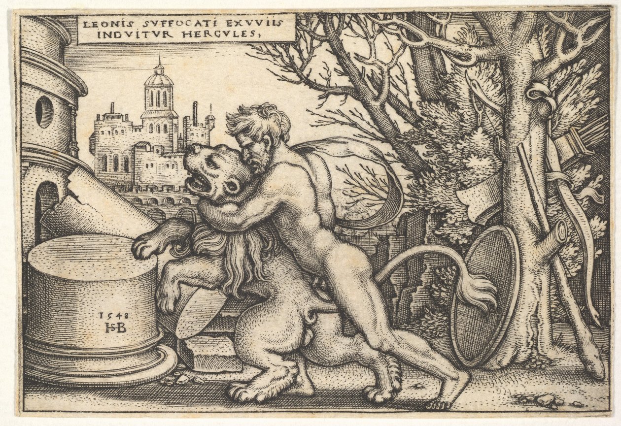 Hercules, i profil, dræber Nemean-løven med armen om dens hals, fra 