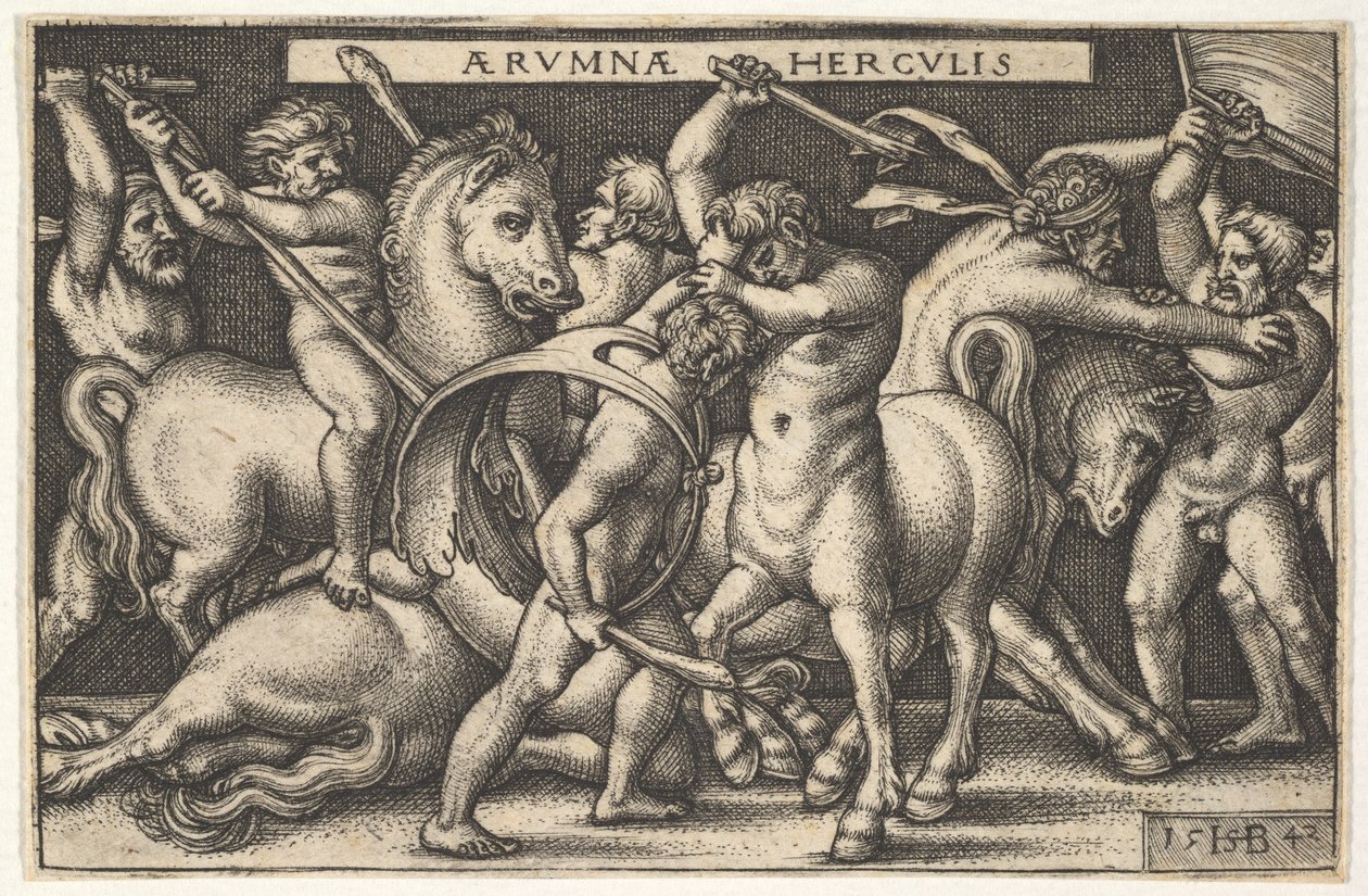 Hercules med sin kølle i midten kæmper mod en kentaur, andre mænd kæmper mod kentaurer til venstre for en..., 1542. af Sebald Beham