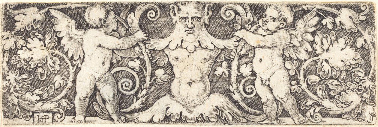 Ornament med mandlig halvfigur mellem to genier af Sebald Beham