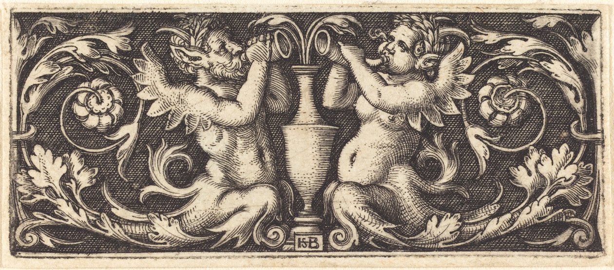 Ornament med to Tritons blæsende horn af Sebald Beham