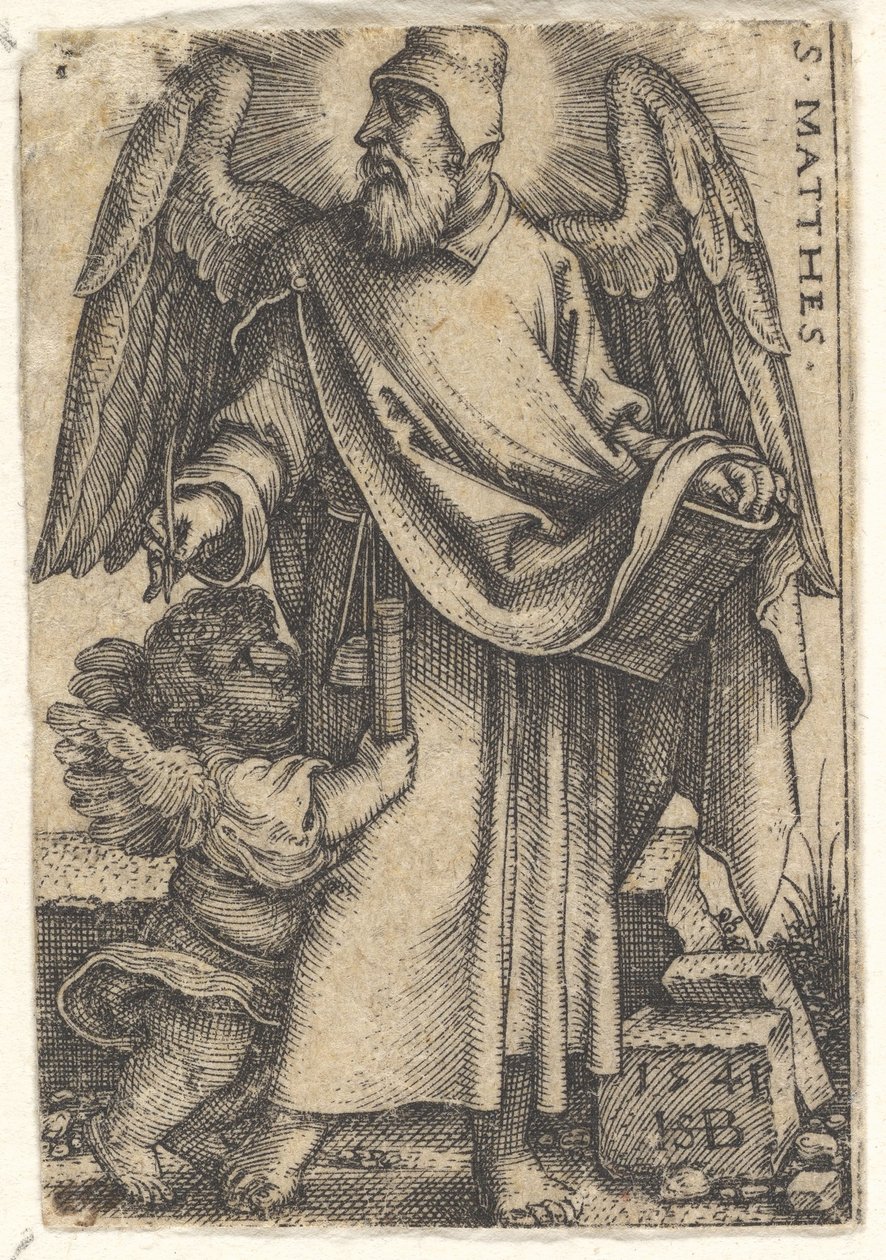 Plade 1: Saint Matthew med hovedet drejet i profil til venstre, en kerub nederst til venstre..., 1541. af Sebald Beham