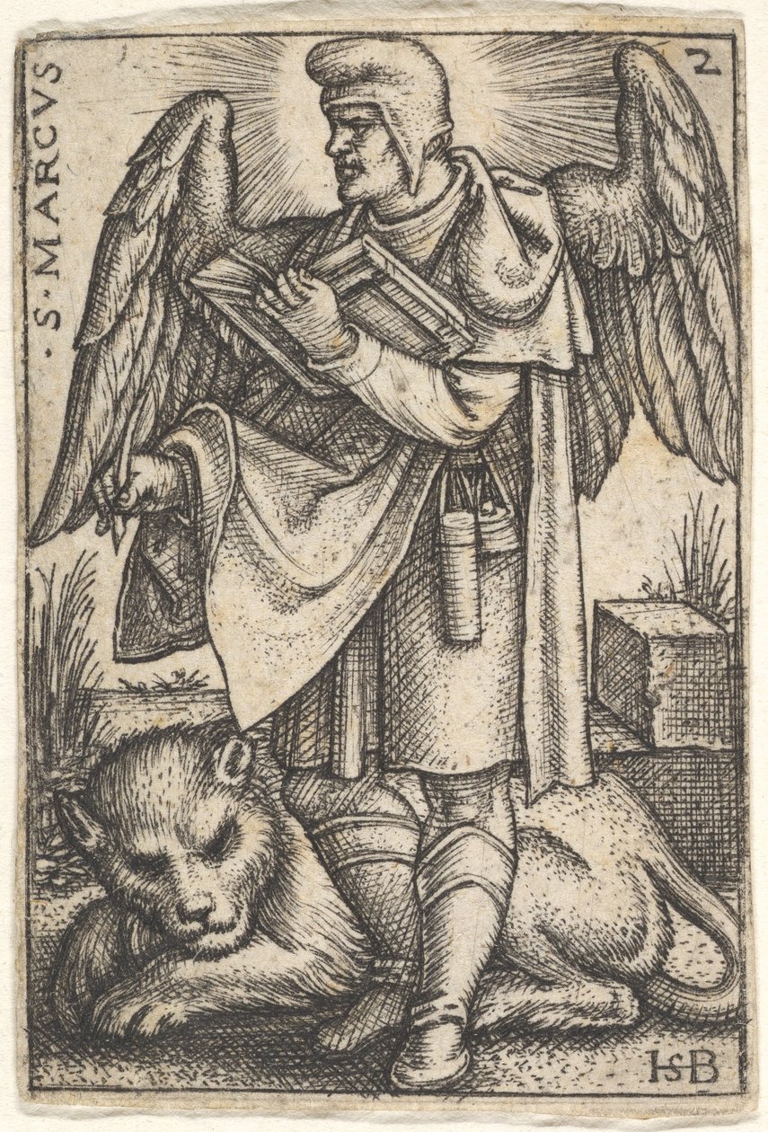 Plade 2: Sankt Markus, hovedet drejet i profil til venstre, med en åben bog i hans højre..., 1541. af Sebald Beham