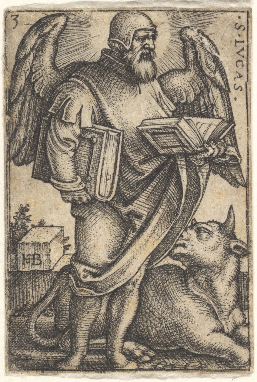 Plade 3: Sankt Lukas med hovedet drejet i profil til højre, en bog i hver hånd, en b..., 1541. af Sebald Beham