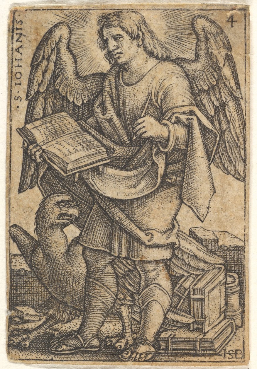 Plade 4: Sankt Johannes med hovedet drejet tre fjerdedele til venstre, med en bog i sit ri..., 1541. af Sebald Beham